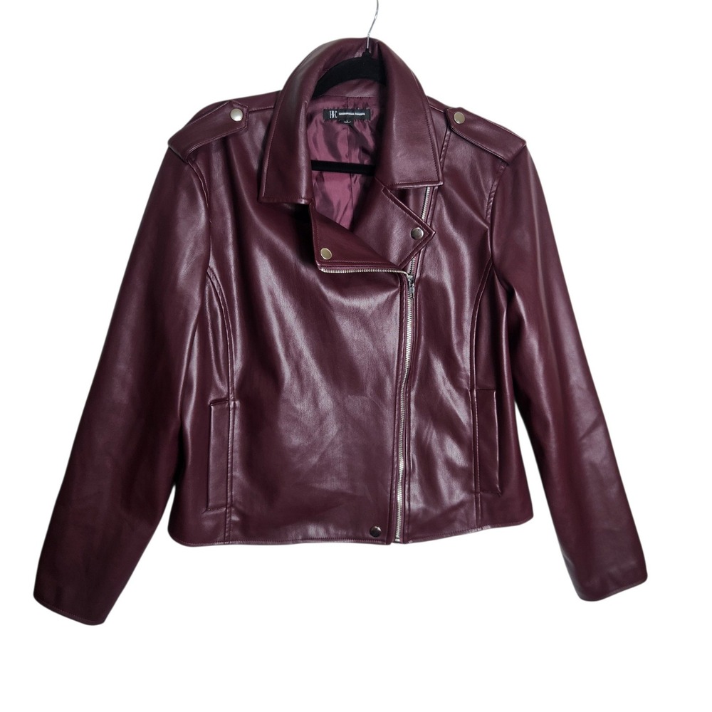 INC International Concepts Burgundy Faux Leather Moto Jacket Womens Large